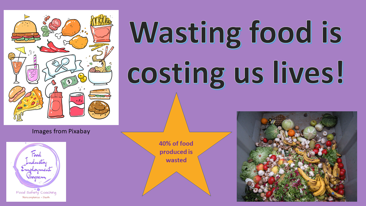Image shows picture of fast food and food waste and says "Wasting food is costing us lives! and "40% of food is wasted.