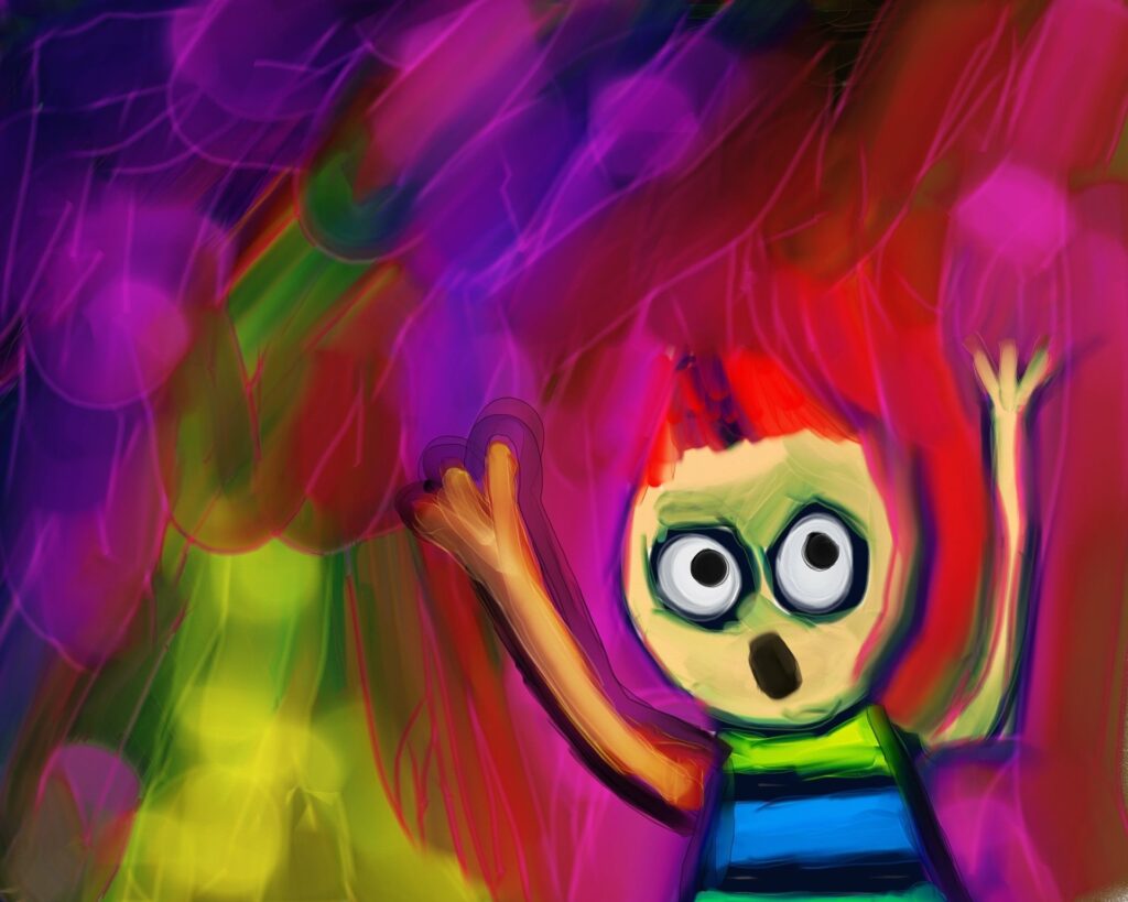 Painting of a child looking horrified with burning background. I am outraged. She is outraged.