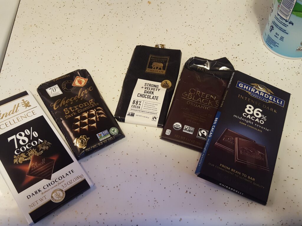 five packages from chocolate, showing the five varieties I used.