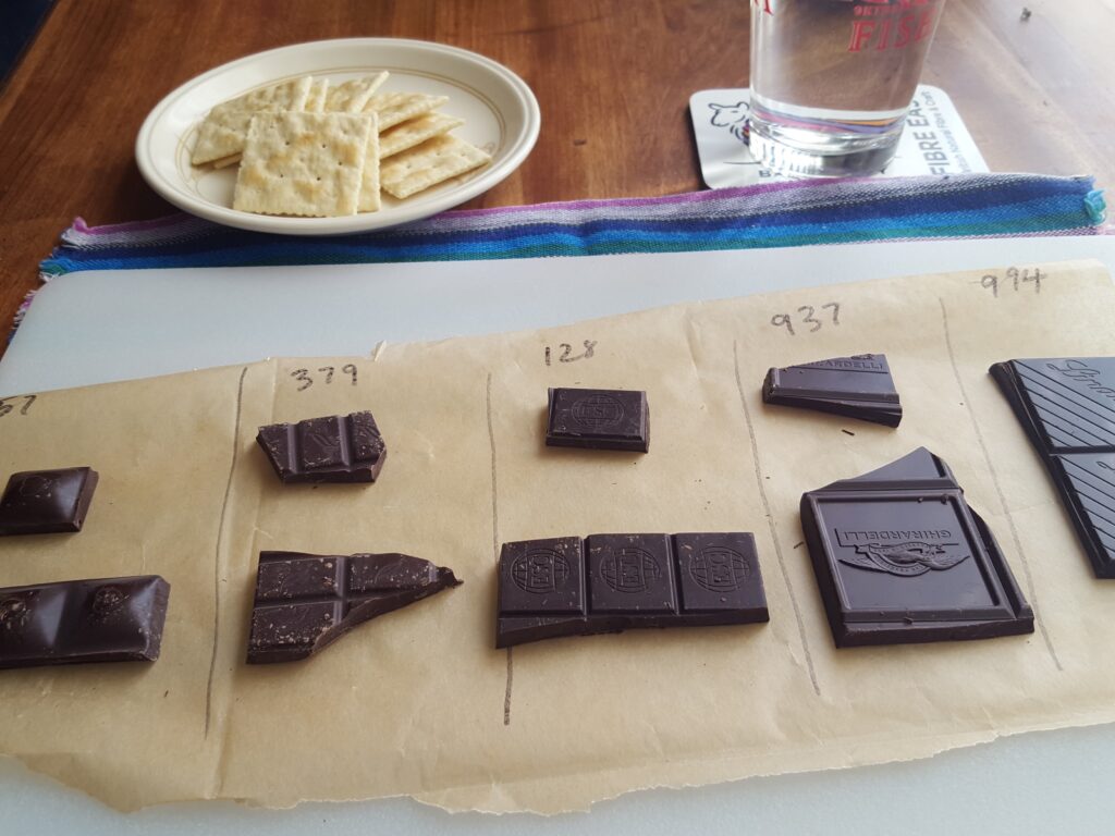 My set up for chocolate tasting with chocolates on parchment paper labeled with numbers, a glass of water and a plate with saltine crackers.